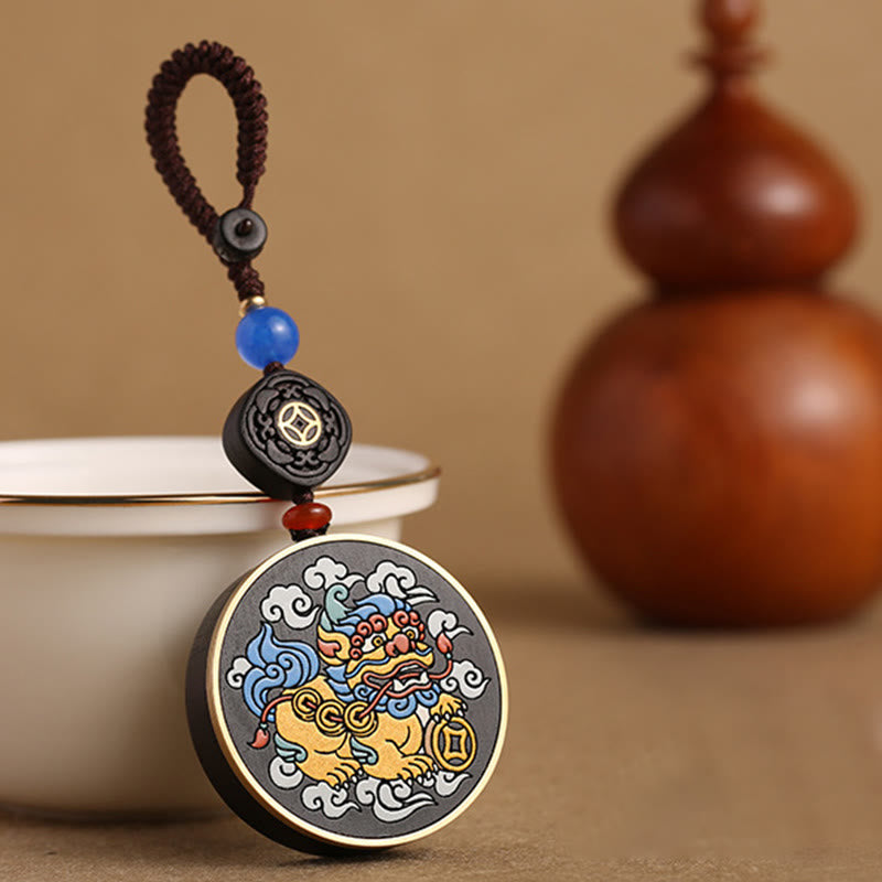 Wear FengShui PiXiu Copper Coin Ebony Wood Luck Attract Wealth Key Chain Decoration