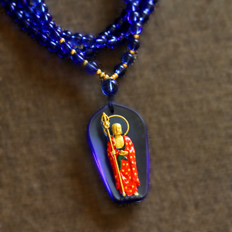 Wear FengShui Ksitigarbha Buddha Liuli Crystal Compassion Amulet Necklace Pendant