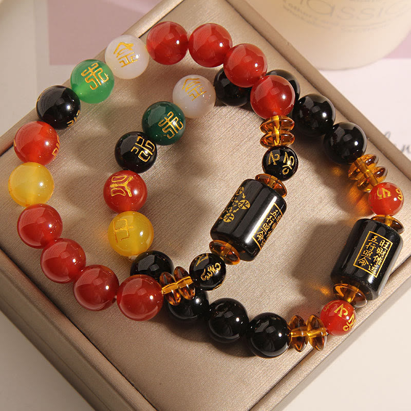 Wear FengShui Five Elements Black Onyx Red Agate Wisdom Wealth Bracelet