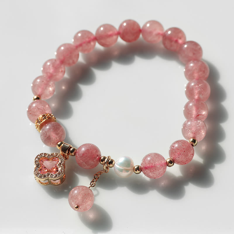 Wear FengShui Strawberry Quartz Pearl Four Leaf Clover Charm Healing Bracelet