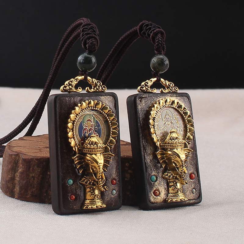 Wear FengShui Ebony Wood Elephant God of Fortune Buddha Blessing Necklace String Pendant