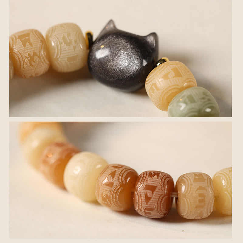 Wear FengShui Bodhi Seed Silver Sheen Obsidian Cat Head Om Mani Padme Hum Engraved Harmony Bracelet