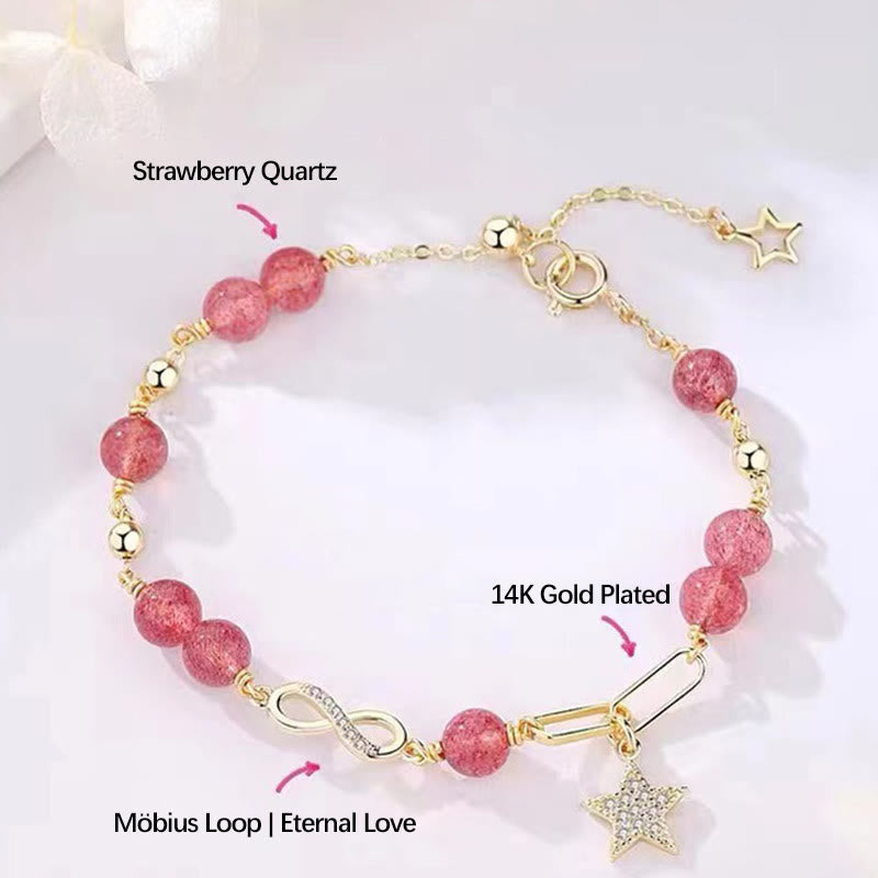 Wear FengShui 14K Gold Plated Natural Strawberry Quartz Moonstone Möbius Loop Eternal Love Star Positive Bracelet