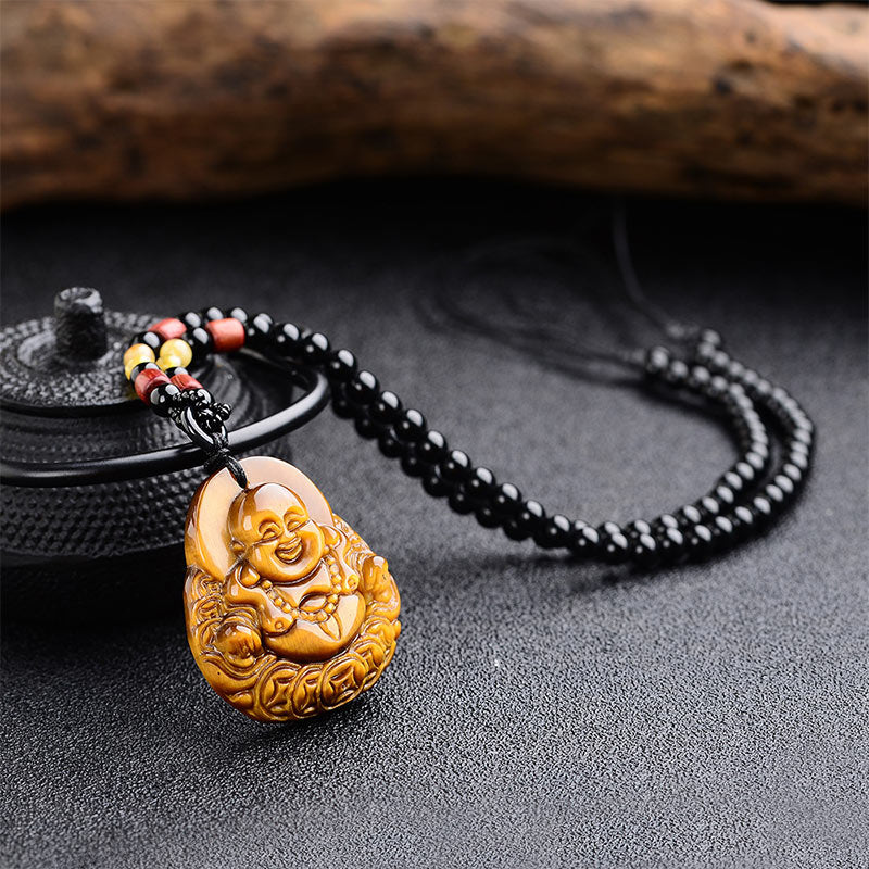 Wear FengShui Tiger's Eye Laughing Buddha Blessing Necklace
