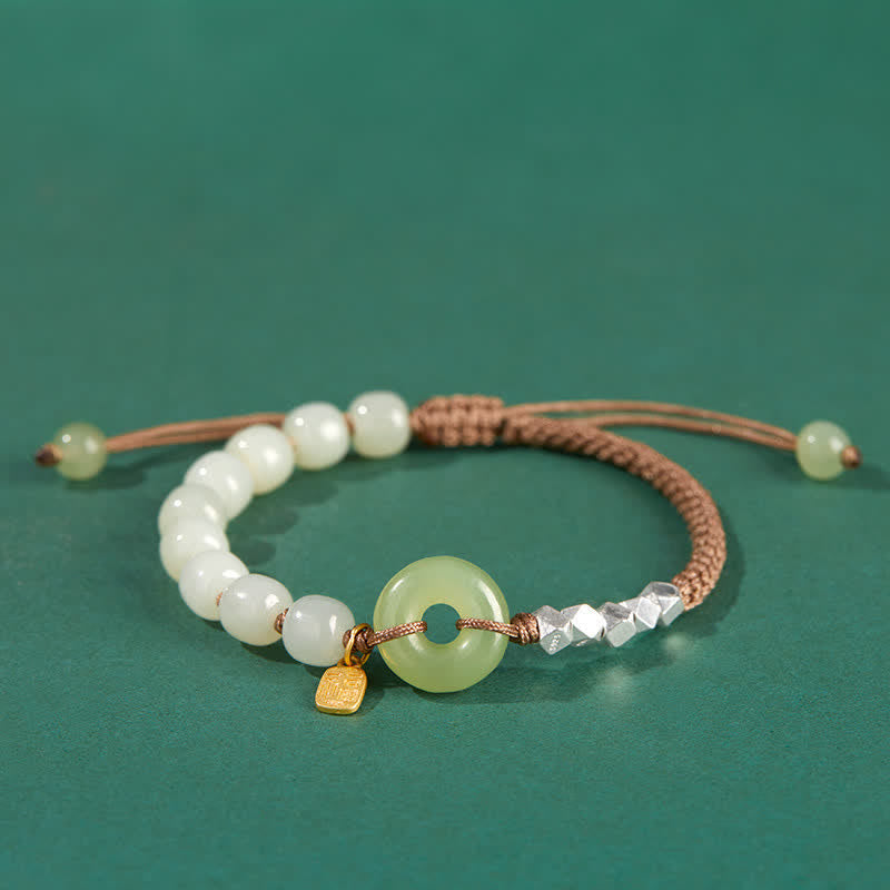Wear FengShui 925 Sterling Silver Hetian Jade Peace Buckle Beaded Luck Happiness Charm Bracelet