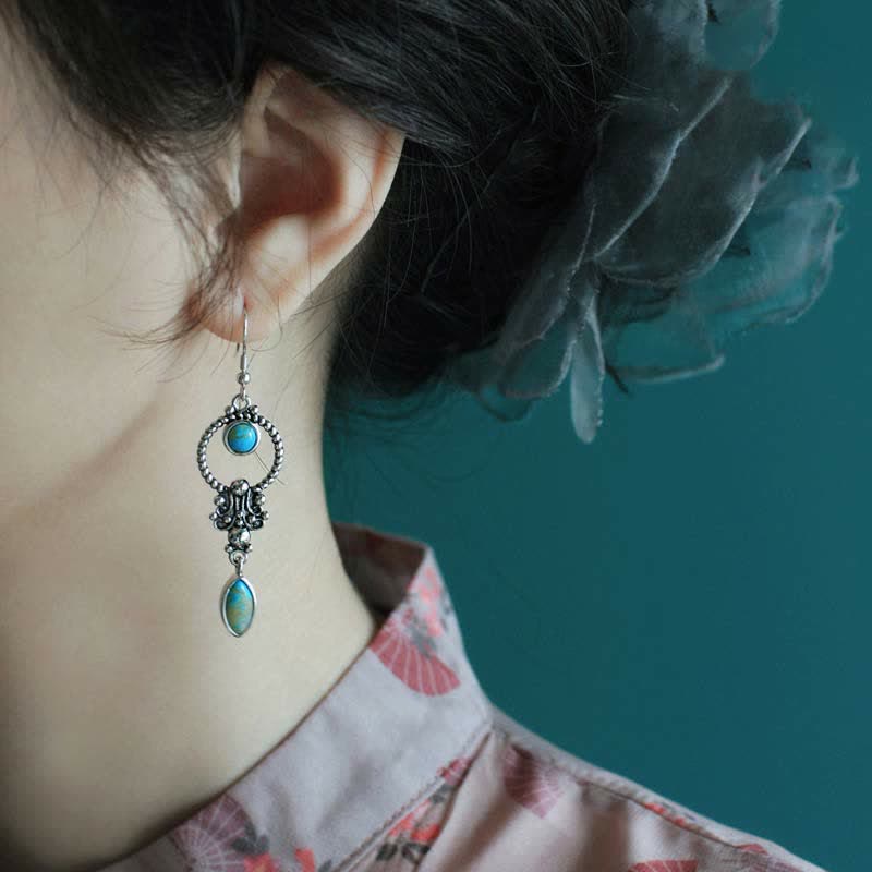 Wear FengShui 925 Sterling Silver Vintage Turquoise Waterdrop Pattern Balance Drop Dangle Earrings