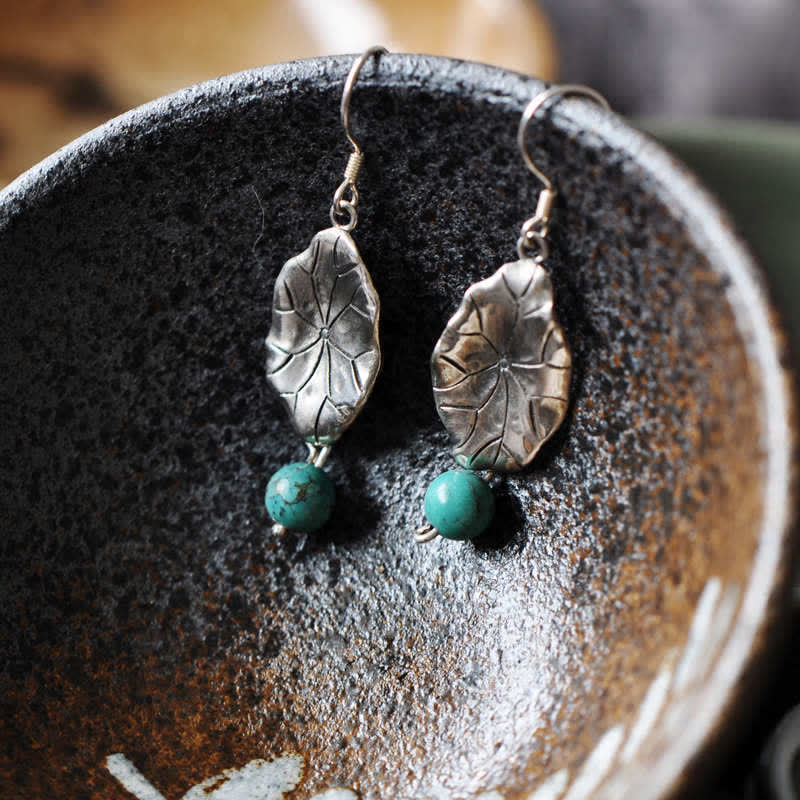 Wear FengShui 925 Sterling Silver Turquoise Lotus Leaf Protection Drop Dangle Earrings