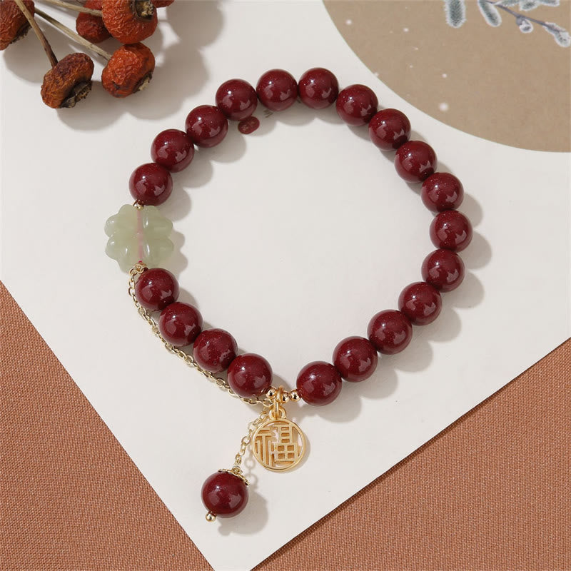 Wear FengShui Cinnabar Fu Character Hetian Jade Lucky Four Leaf Clover Blessing Bracelet