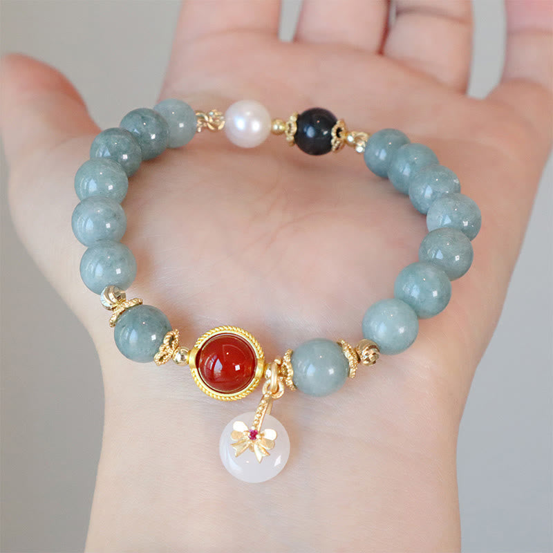 Wear FengShui Natural Jade Red Agate Pearl Bow Tie Luck Bracelet