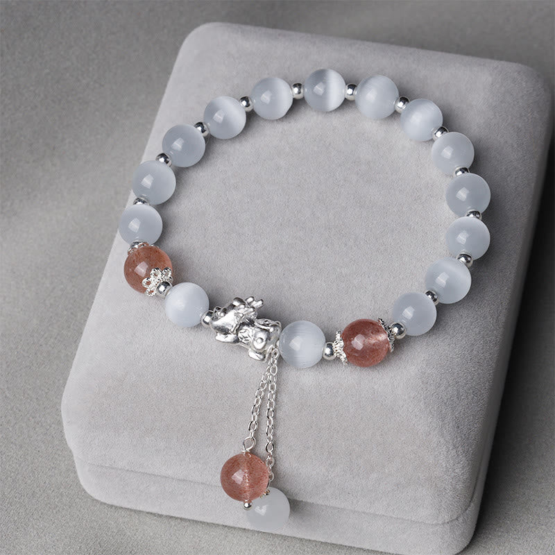Wear FengShui Natural Cat's Eye Moonstone Strawberry Quartz PiXiu Support Bracelet