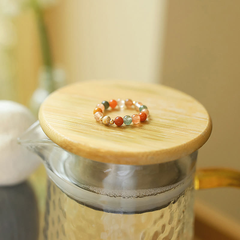 Wear FengShui 14k Gold Plated Copper Fu Lu Shou Crystal Peach Moonstone Happiness Wealth Ring