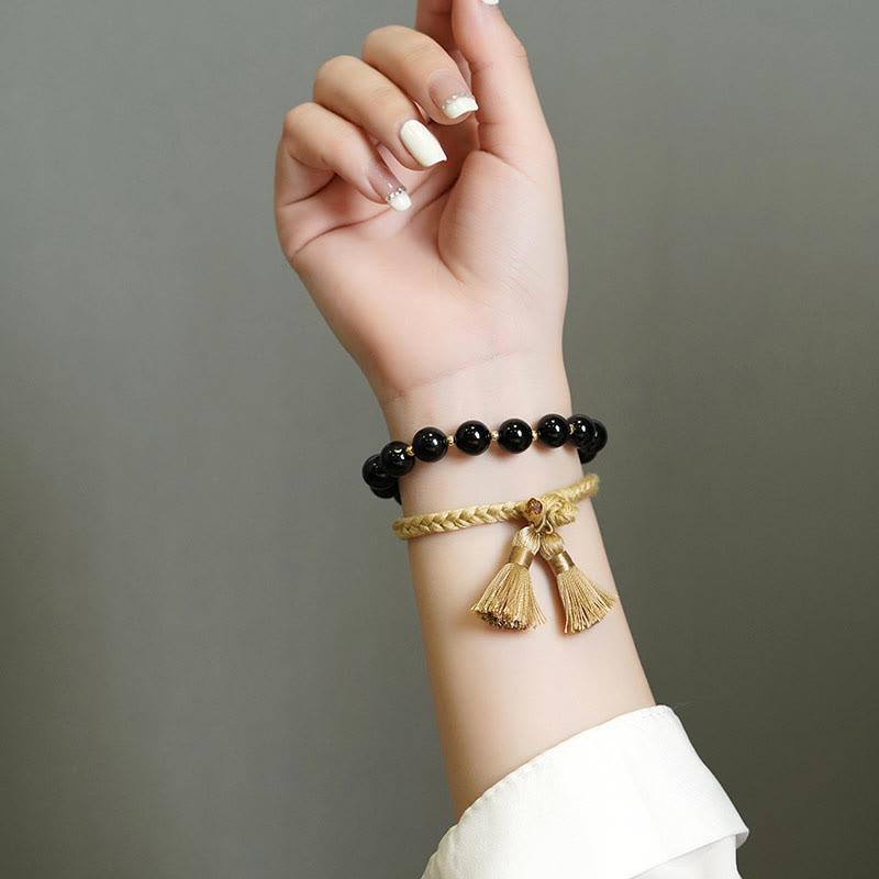 Wear FengShui 2Pcs Black Onyx Bead Support Protection String Bracelet