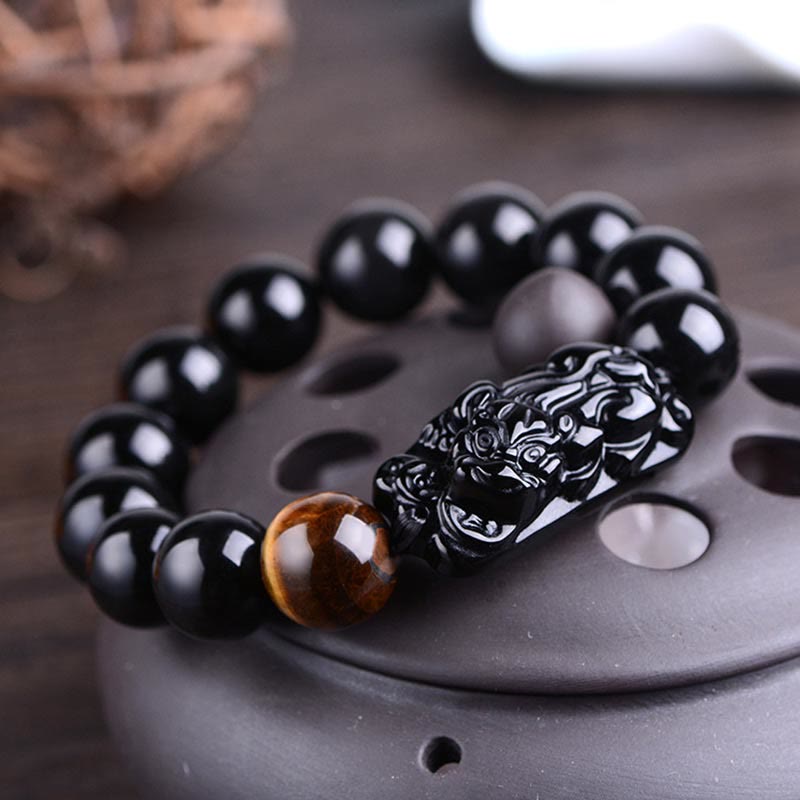 Wear FengShui Natural Black Obsidian PiXiu Tiger's Eye Strength Bracelet