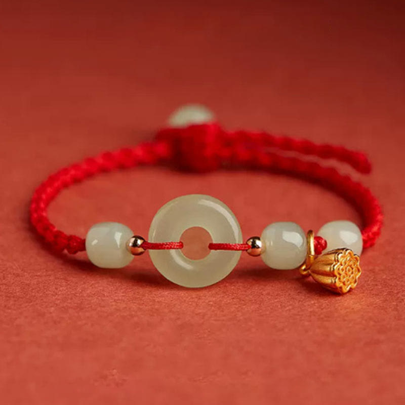 Wear FengShui Round Peace Buckle Jade Lotus Happiness Abundance Wealth String Bracelet