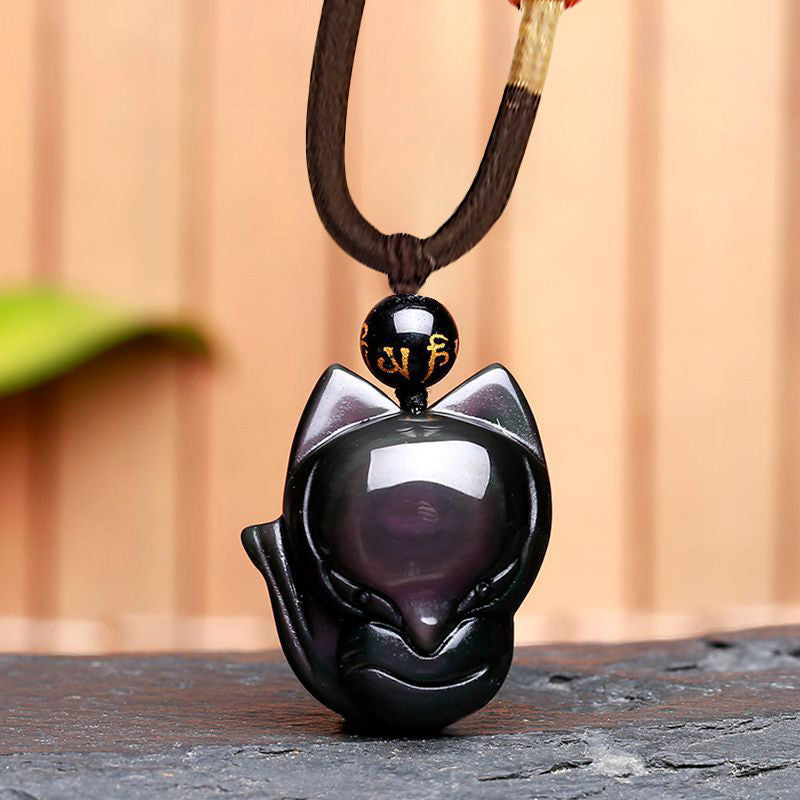 Wear FengShui Natural Rainbow Obsidian Gold Sheen Obsidian Nine Tailed Fox Positive Necklace Pendant