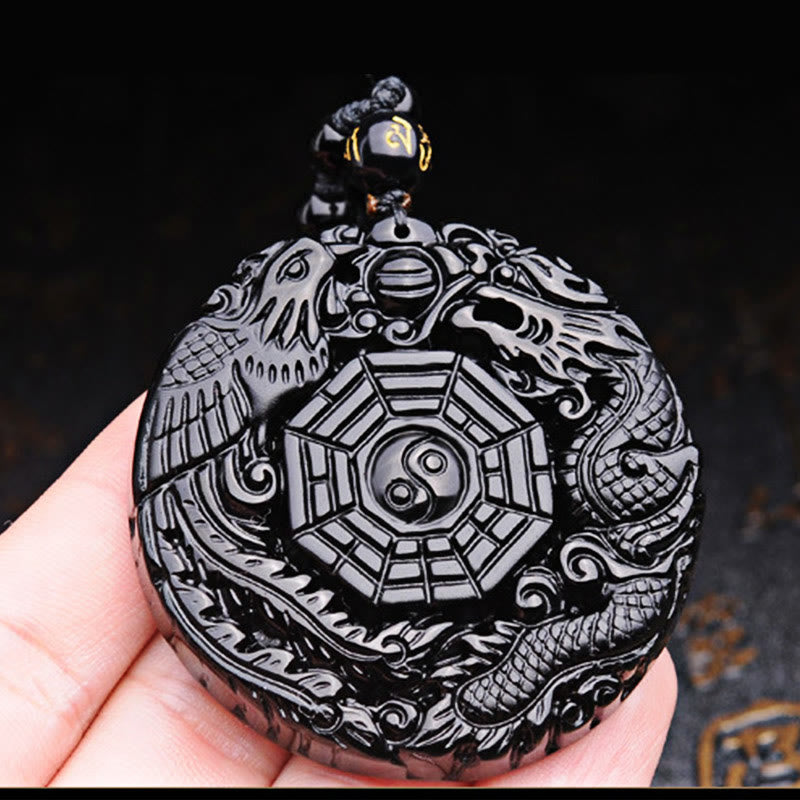 Wear FengShui Bagua Dragon Phoenix Obsidian Fulfilment Pendant Necklace