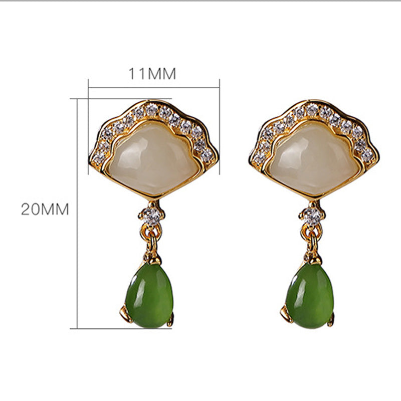 Wear FengShui White Jade Cyan Jade Fan Water Drop Pattern Luck Drop Earrings