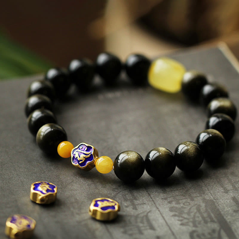 Wear FengShui 925 Sterling Silver Chinese Zodiac Natal Buddha Natural Gold Sheen Obsidian Amber Wealth Protection Bracelet