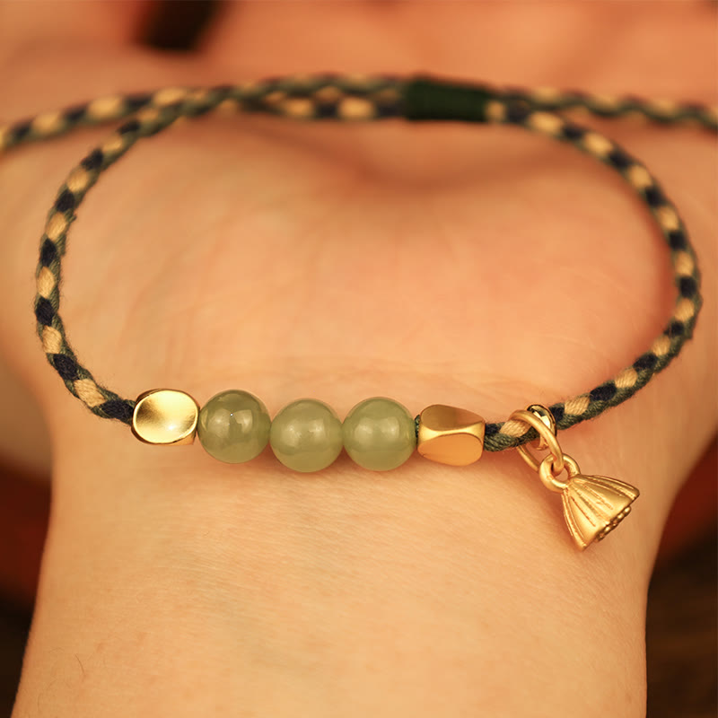 Wear FengShui Handcrafted Hetian Jade Lotus Charm Luck Braided Bracelet