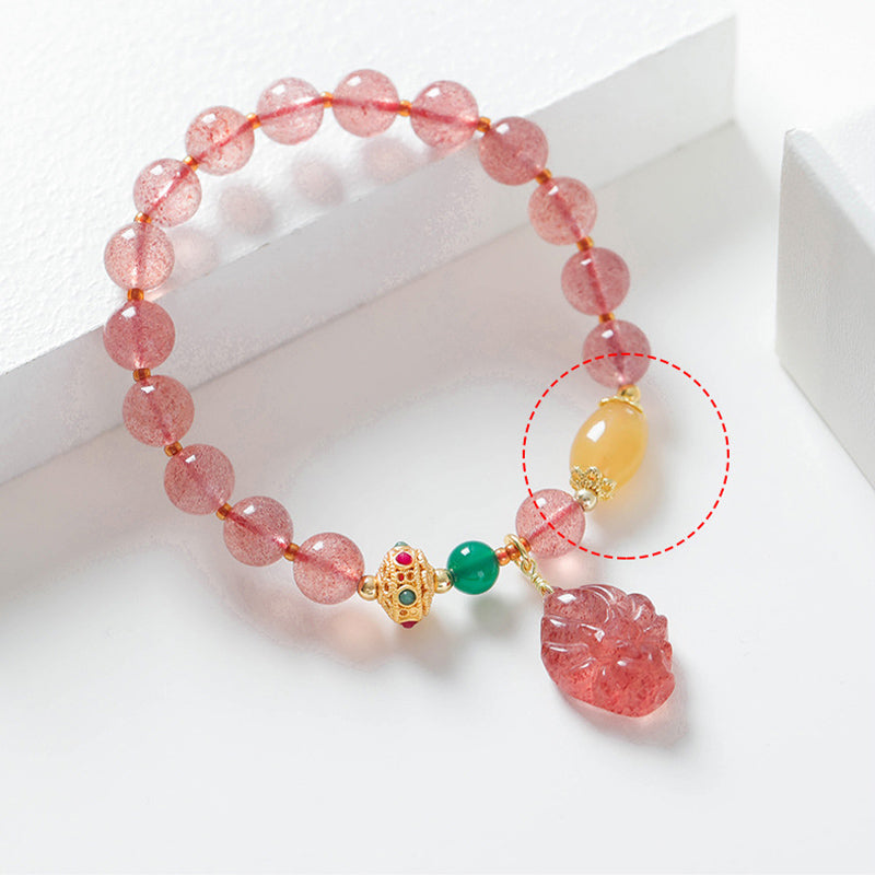Wear FengShui Natural Strawberry Quartz Nine Tailed Fox Healing Bracelet