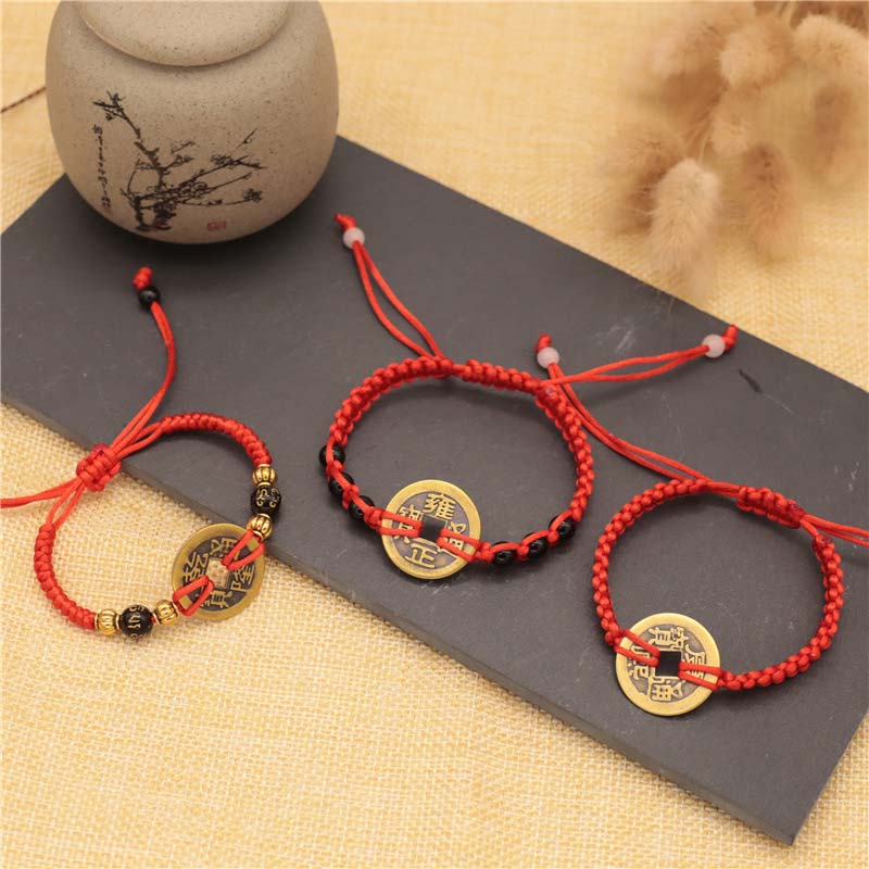 Wear FengShui Copper Coin Fortune Red String Weave Bracelet