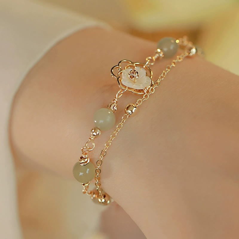 Wear FengShui 14K Gold Plated Jade Butterfly Tridacna Stone Flower Double Layer Luck Bracelet