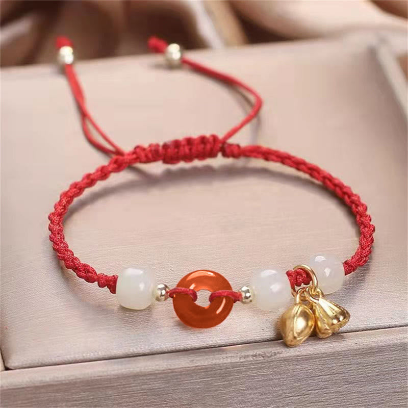 Wear FengShui Red Agate Peace Buckle Jade Lotus Healing Braided Bracelet