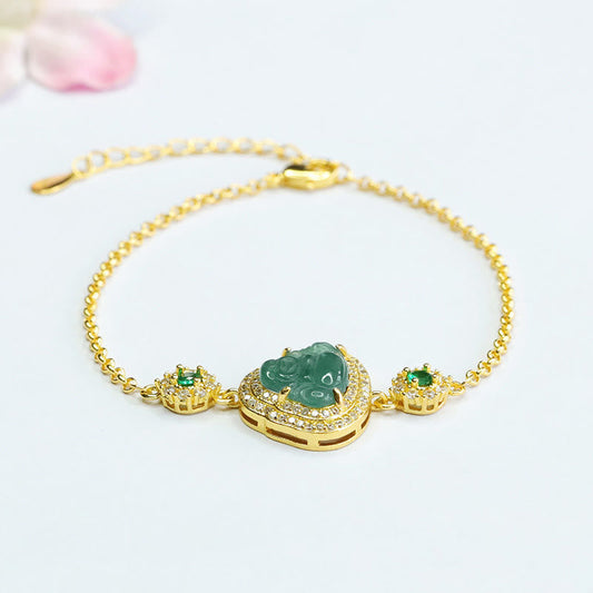 Wear FengShui Laughing Buddha Green Jade Zircon Luck Chain Bracelet