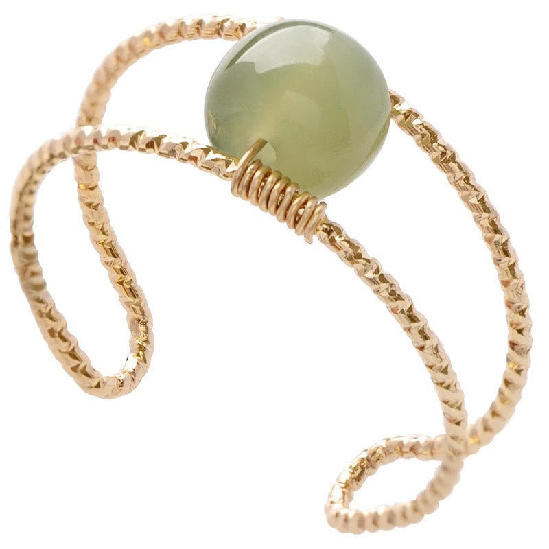 Wear FengShui Round Jade Pearl Bead Double Layer Copper Luck Adjustable Ring