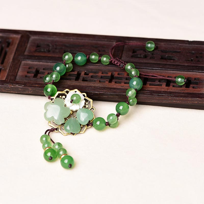 Wear FengShui Natural Green Jade Luck Dangling Flower Bracelet