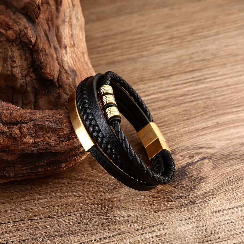 Wear FengShui Leather Multi-Layer Titanium Steel Balance Braided Magnetic Buckle Bracelet