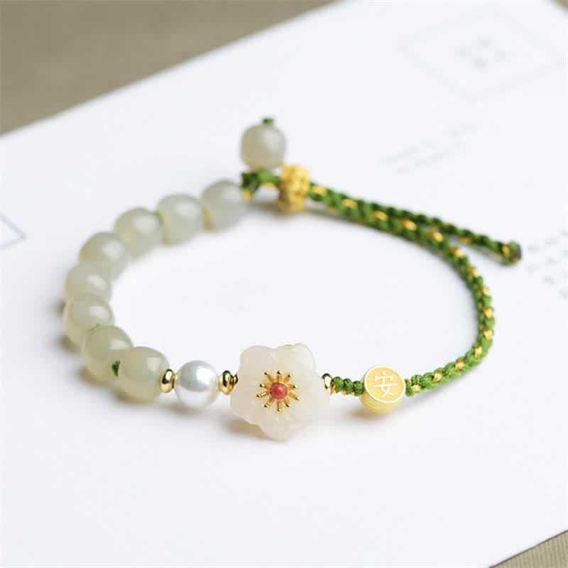 Wear FengShui 925 Sterling Silver Natural Hetian Jade Peach Blossom Luck Bracelet