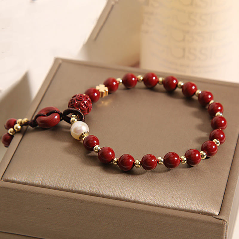 Wear FengShui Natural Cinnabar Peace Buckle Copper Coin Charm Blessing Bracelet