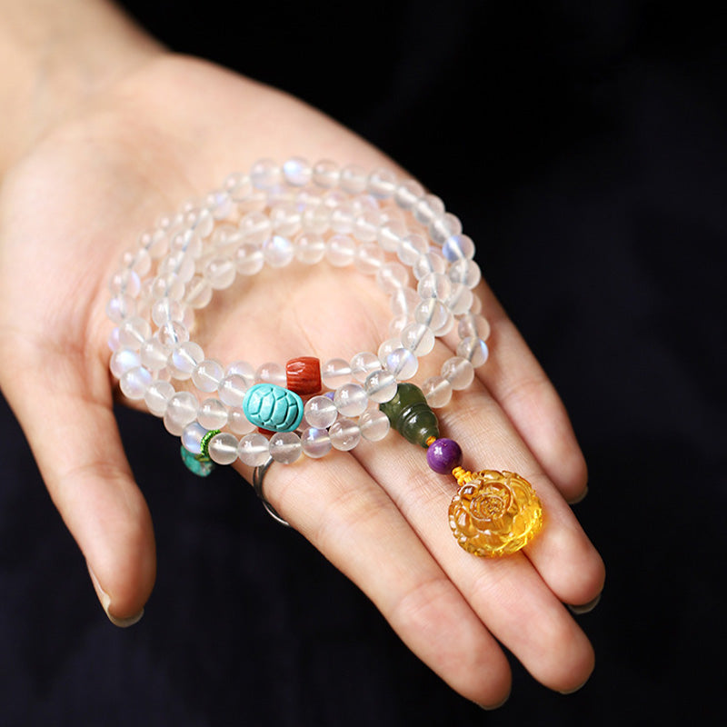 Wear FengShui 108 Mala Beads Moonstone Amber Lotus Turquoise Crystal Healing Bracelet