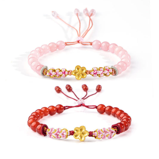Wear FengShui 999 Sterling Silver Natural Red Agate Pink Crystal Cherry blossom Bracelet