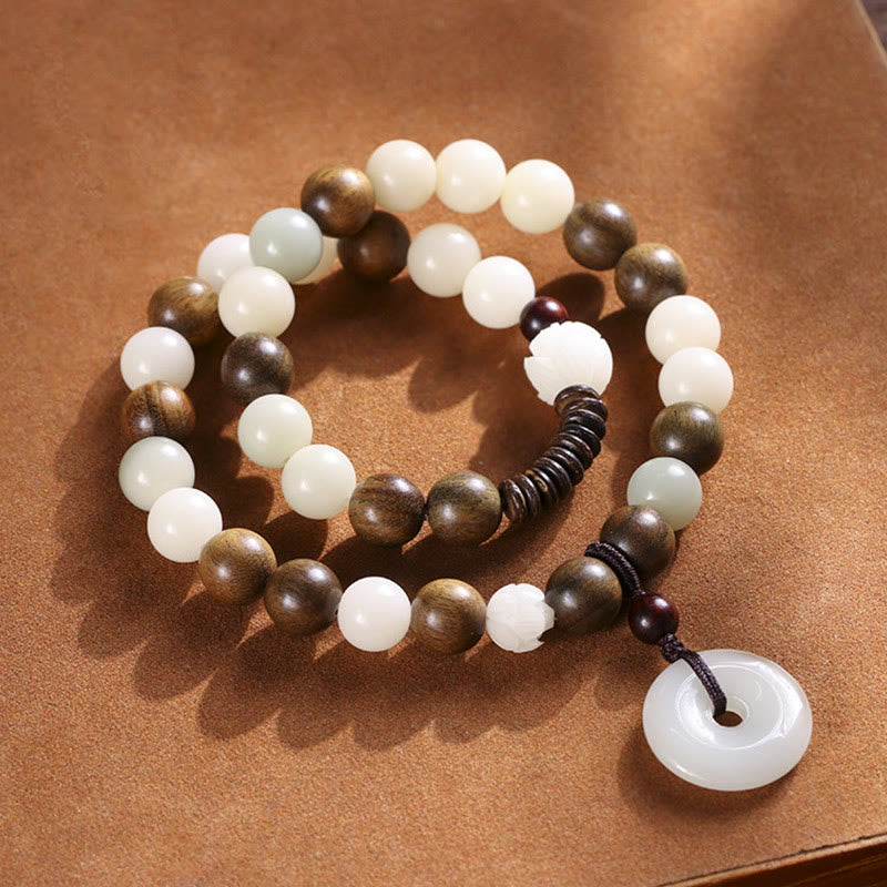 Wear FengShui Bodhi Seed Green Sandalwood Lotus Peace Buckle Harmony Double Wrap Bracelet