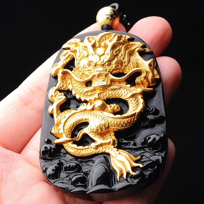 Wear FengShui 18k Gold-plated Dragon Obsidian Lucky Pendant Necklace