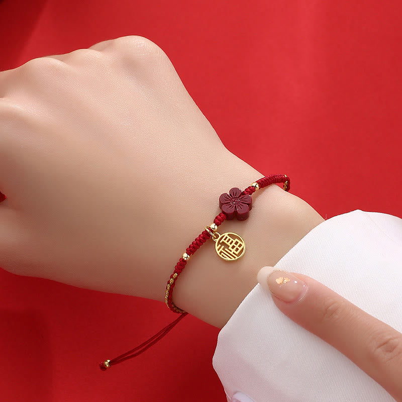 Wear FengShui Cinnabar Flower Fu Character Blessing Braided String Bracelet