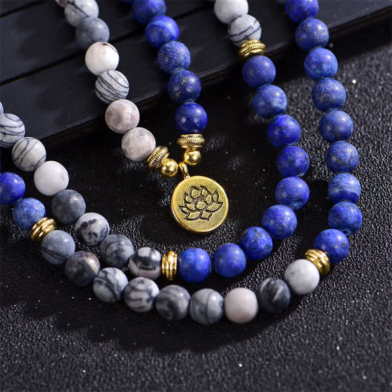 Wear FengShui Lazurite Picasso Jasper Amazonite Rhodonite Apatite Positive Lotus Prayer Bead Bracelet