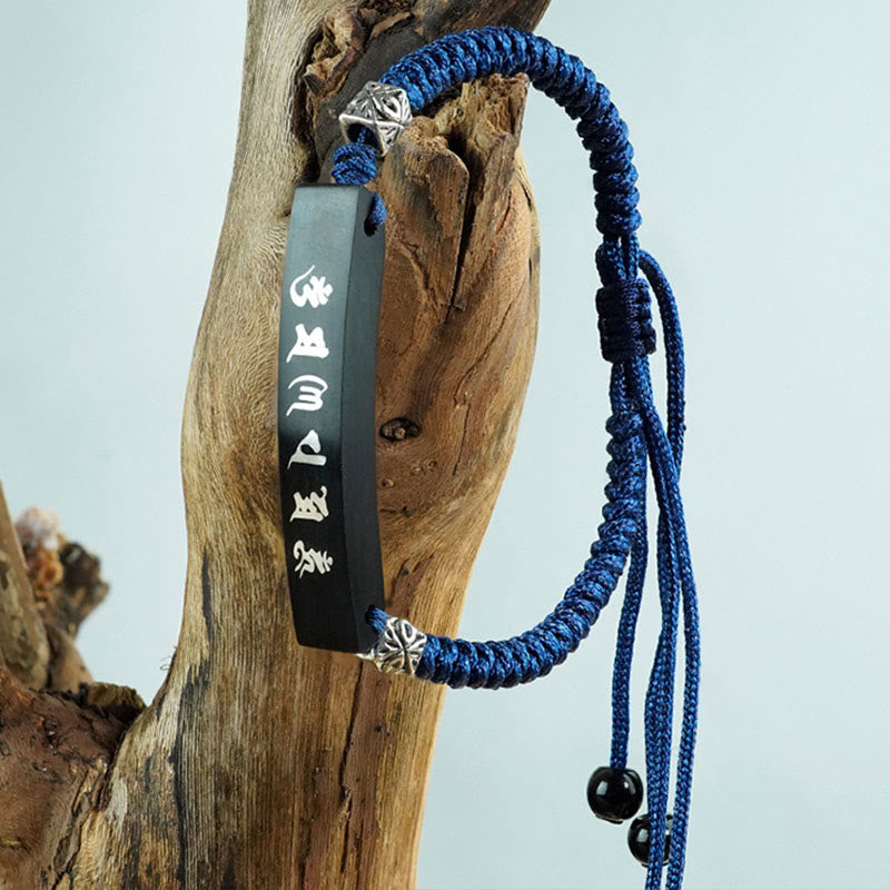 Wear FengShui Buddhism Six True Words Wood Ebony Wood Silver Inlaid Protection Bracelet