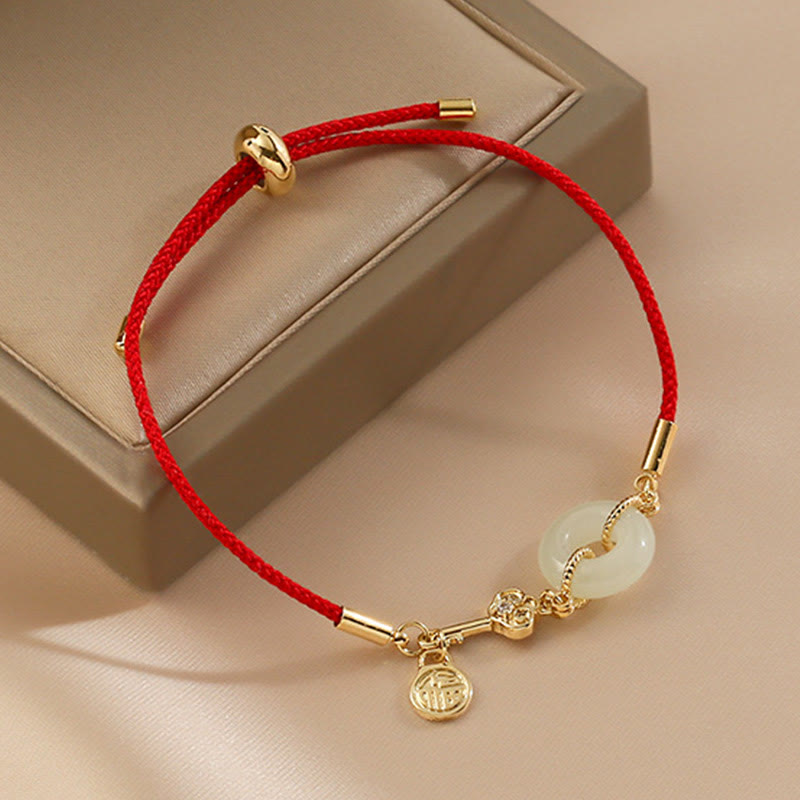 Wear FengShui 18K Gold Plated Hetian Jade Peace Buckle Fu Character Luck Red Rope Bracelet