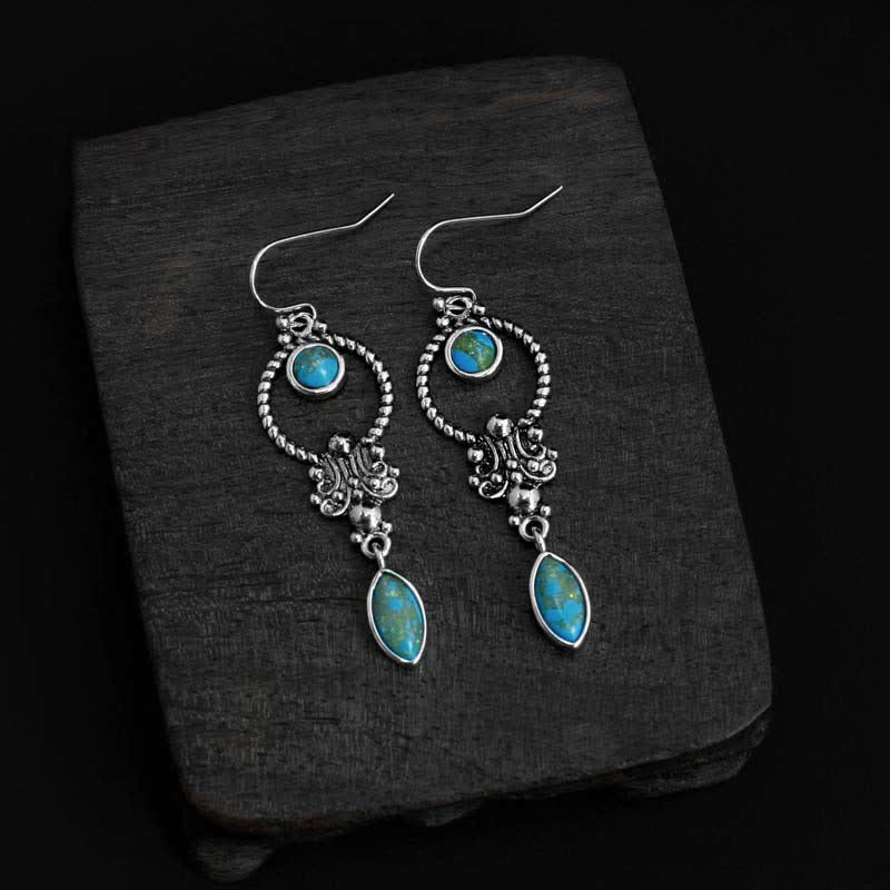 Wear FengShui 925 Sterling Silver Vintage Turquoise Waterdrop Pattern Balance Drop Dangle Earrings