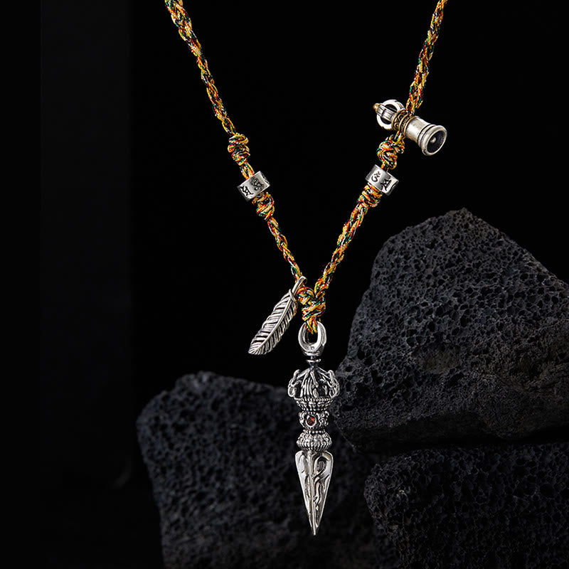 Wear FengShui Tibetan Handmade 925 Sterling Silver Dorje Vajra Om Mani Padme Hum Feather Strength Necklace Pendant