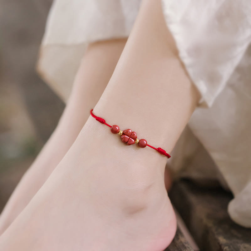 Wear FengShui Four Leaf Clover Cinnabar Blessing Calm String Bracelet Anklet