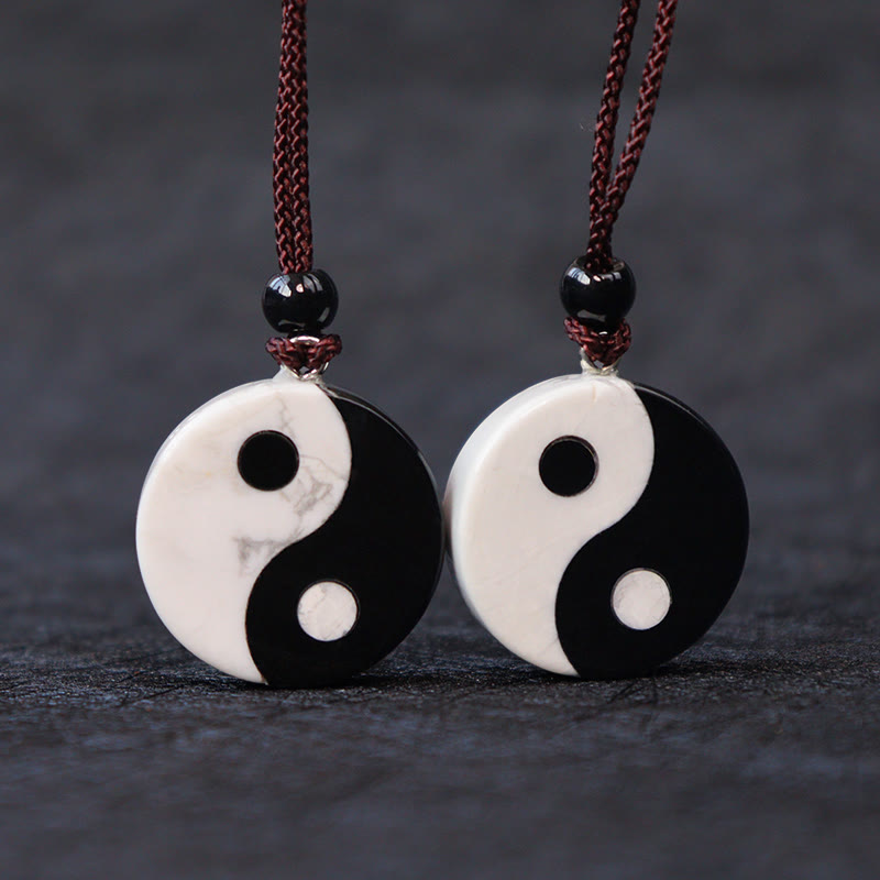 Wear FengShui Natural Black Obsidian White Turquoise Yin Yang Fulfilment Strength Necklace Pendant