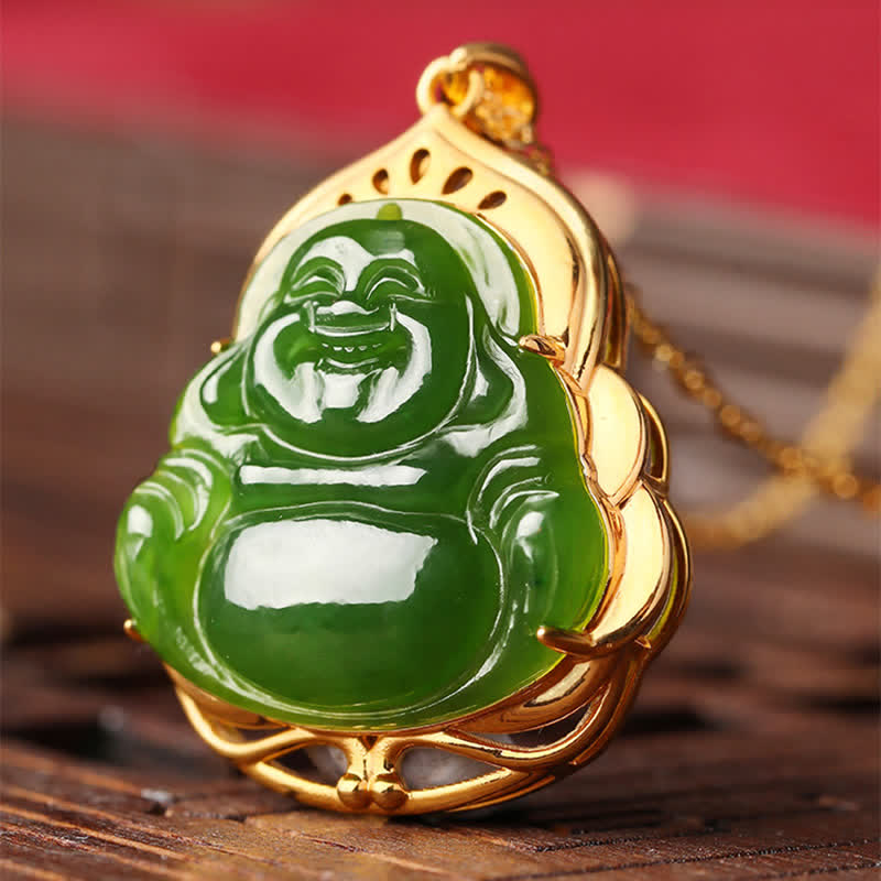 Wear FengShui 925 Sterling Silver Natural Hetian Cyan Jade Laughing Buddha 18K Gold Healing Necklace Chain Pendant