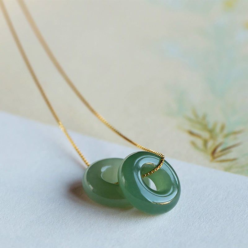 Wear FengShui Natural Round Jade Peace Buckle Luck Abundance Necklace Pendant