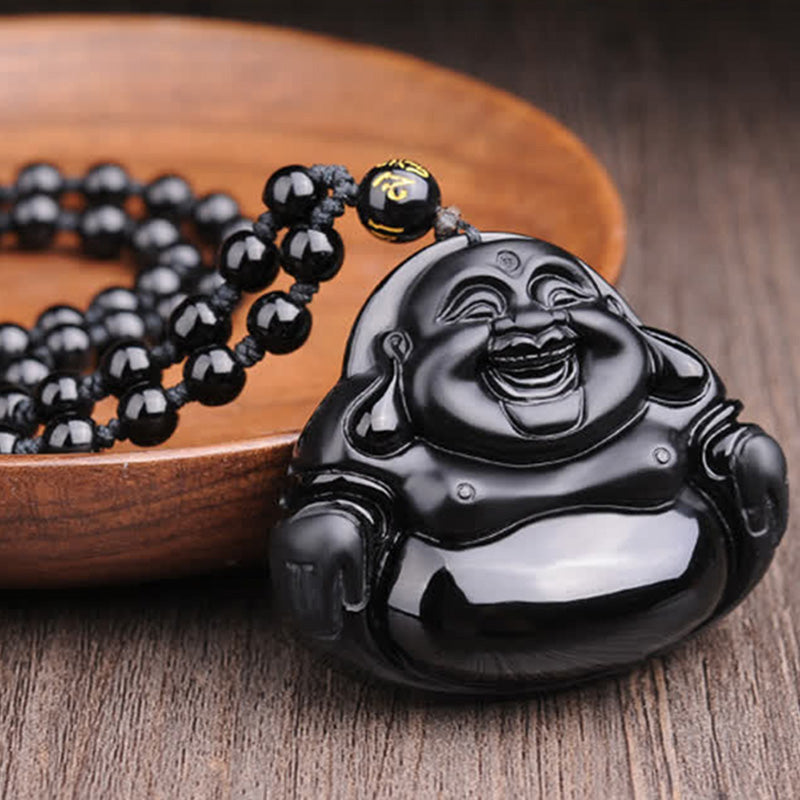 Wear FengShui Laughing Buddha Black Obsidian Transformation Pendant Necklace