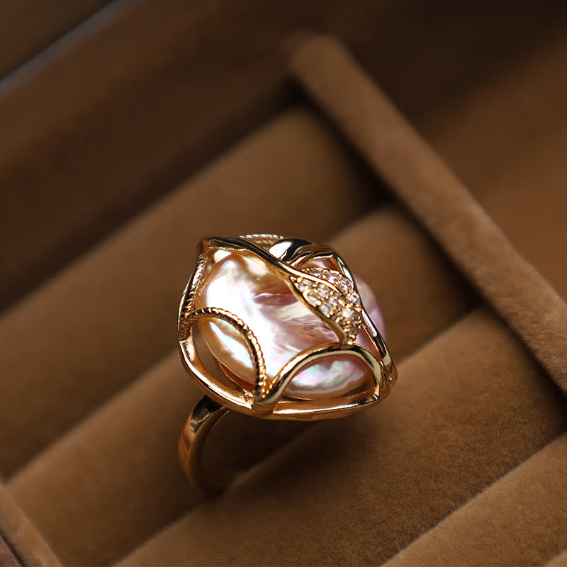 Wear FengShui Pearl Copper Plated Gold Flower Happiness Wealth Ring