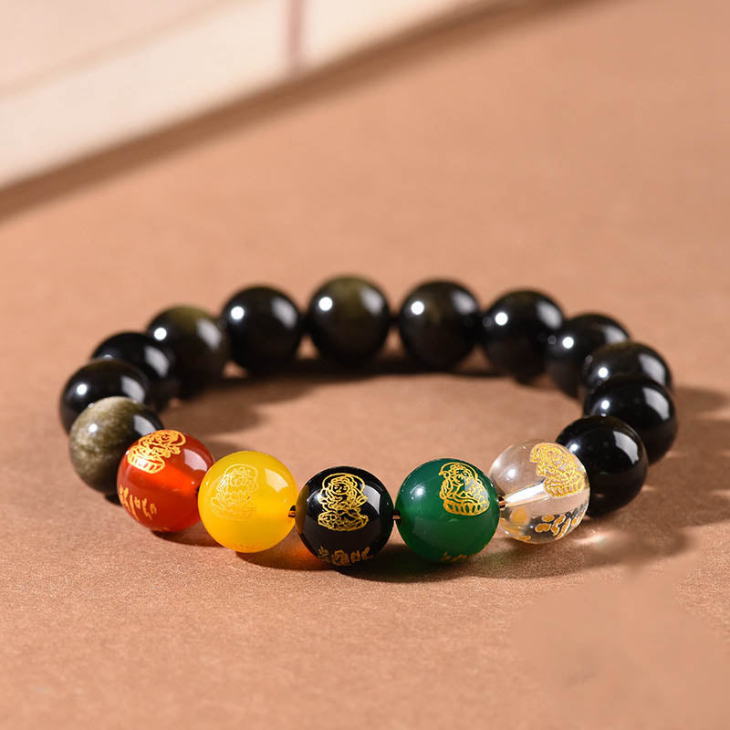 Wear FengShui Gold Sheen Obsidian Rainbow Obsidian Black Obsidian Five Directions Gods of Wealth Bracelet